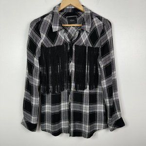 Rails  Fringe Front Long Sleeve Button Down Top  Black White Plaid  Size